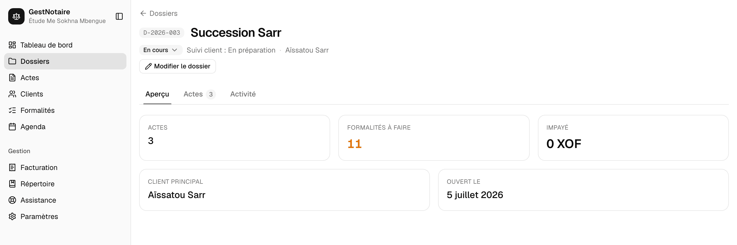 Dossier de démonstration : onglets Aperçu et Actes, client principal et bouton Modifier le dossier.