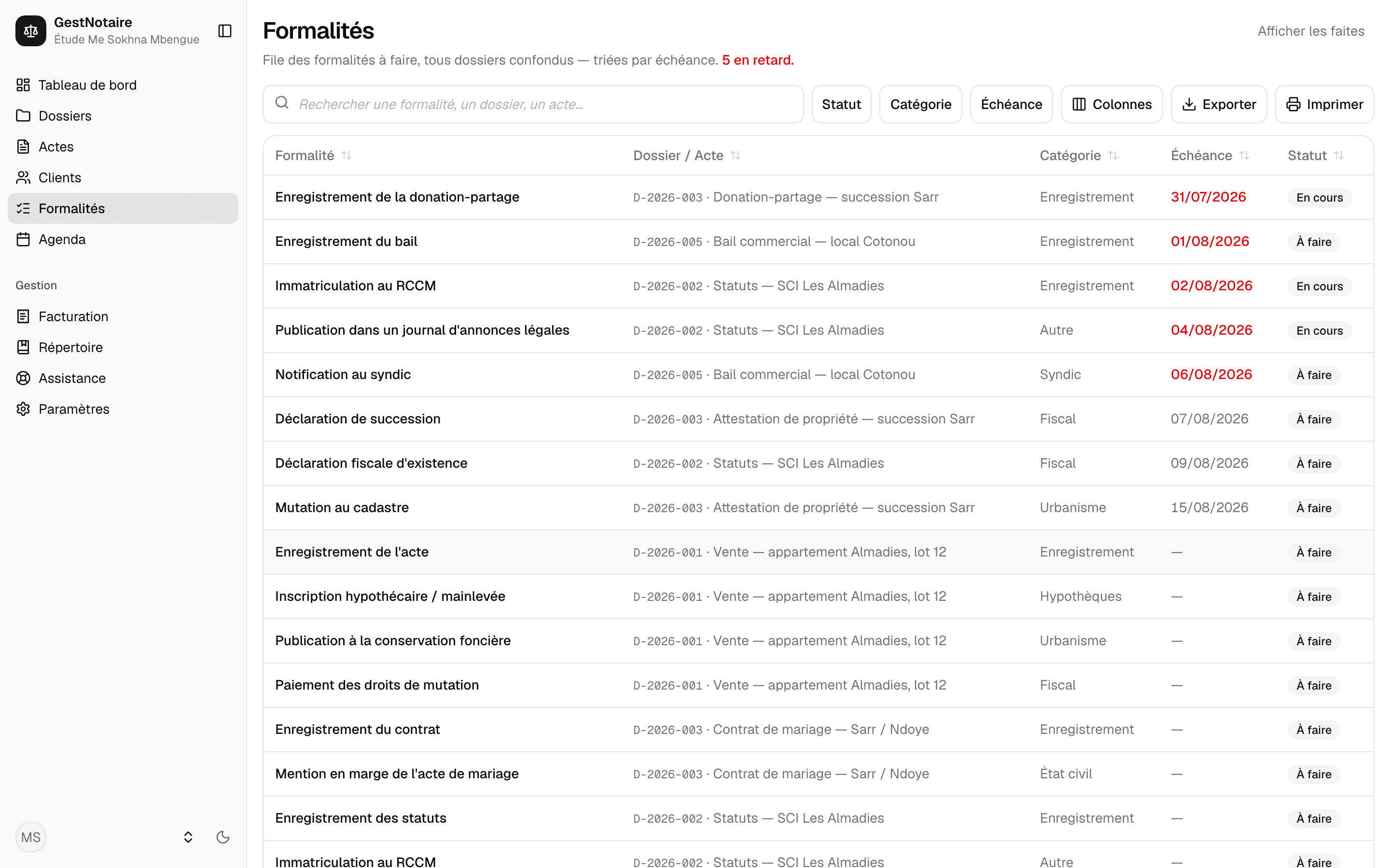 File des formalités de démonstration : échéances, statuts et commande Afficher les faites.